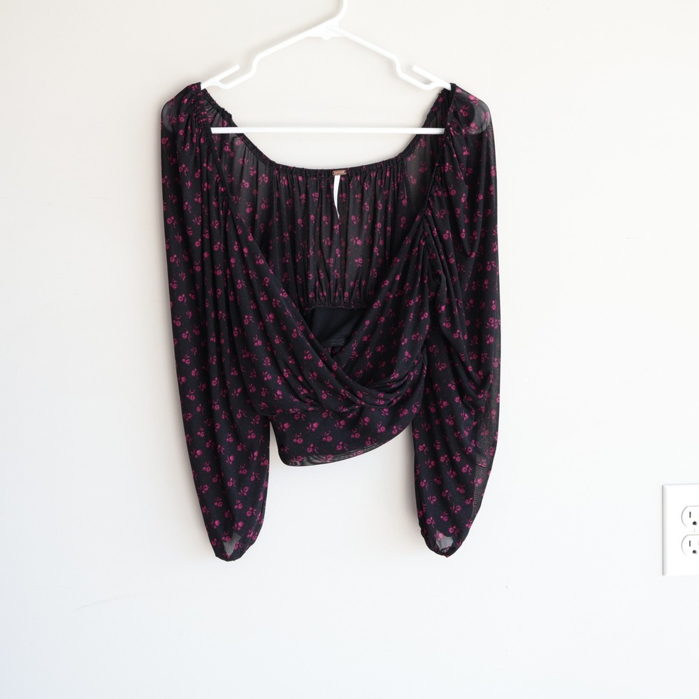 Free People Floral Mesh Wrap Crop Top Black Pink Long Sleeve XS